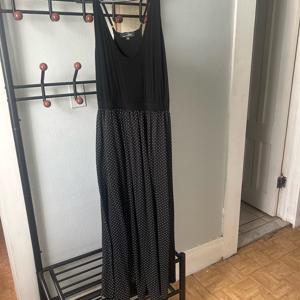 Maxi dress black-and-white polkadot on bottom. very nice sundress.